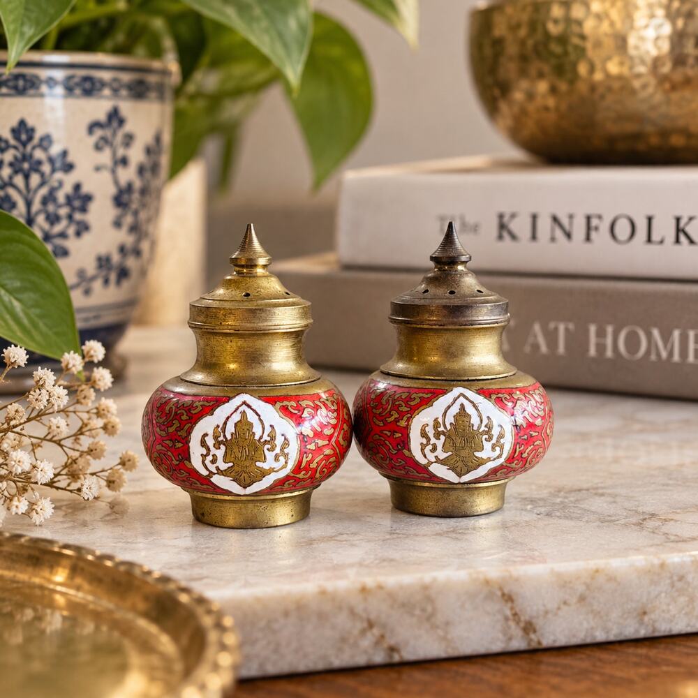 Brass Enamel Salt Pepper Shakers Red Gold Asian Deity Pair
